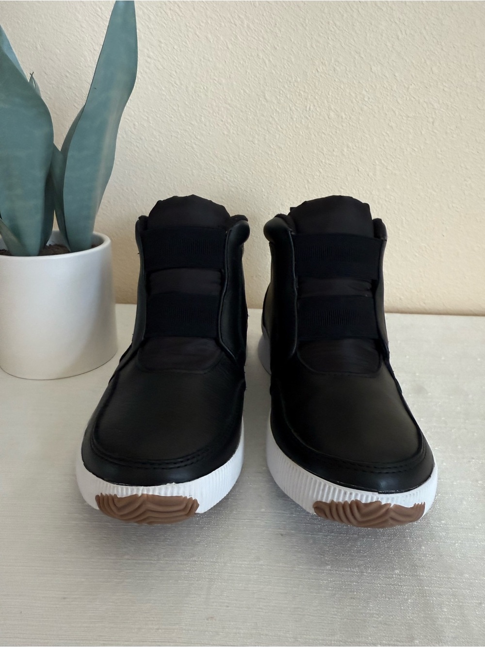 SOREL Black Leather High-Top Sneaker Boot with White Sole - Picture 5 of 11